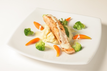 Steak sauce , white fish on a white backgroundの写真素材