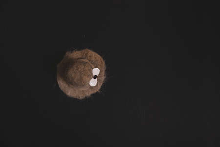 tiny hat made out of cat's hair with a ribbon made of paperの写真素材