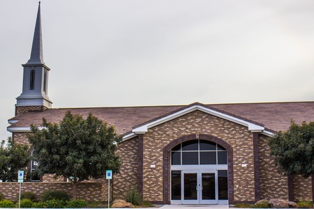 Entrance To Modern Church With Steepleの写真素材