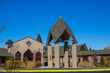 Entrance To Modern Church With Bell Towerの写真素材