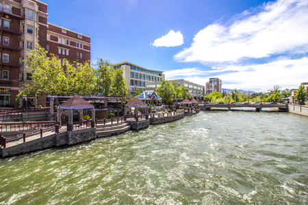Pavilions On Rushing Truck River In Reno, Nevadaの写真素材