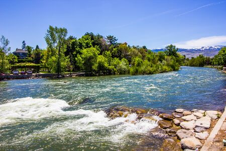 Rushing Waters And Shoreline Of Truckee Riverの写真素材