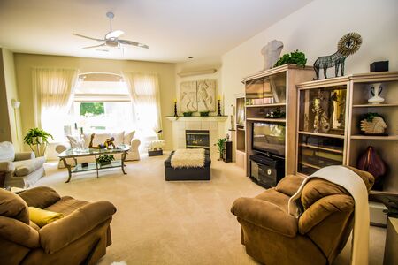 Modern Living Room With Corner Fireplace And Bookcase