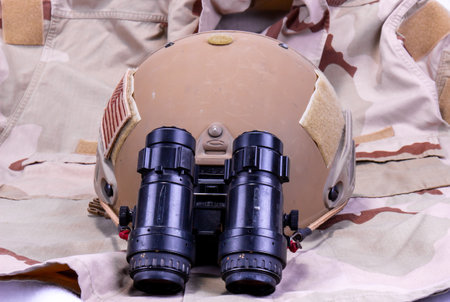 Night Vision Goggles American Military Helmet On Desert Camouflage Uniformの写真素材