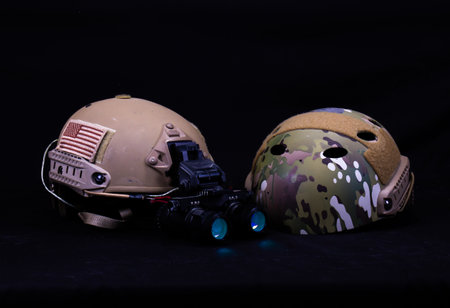 Two American Military Helmets, One With Night Visionの写真素材