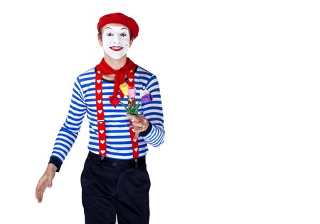 Mime with flower.Emotional funny actor wearing sailor suit, red beretの写真素材
