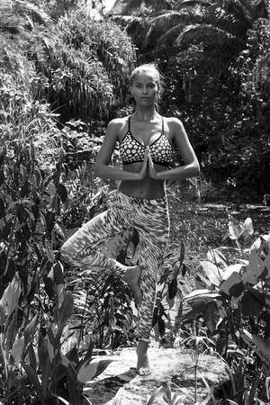 Yoga woman poses in tropics wearing stylish sportswear. Phuket, Thailandの写真素材