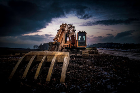 Earthmoving machine with articulated armの写真素材