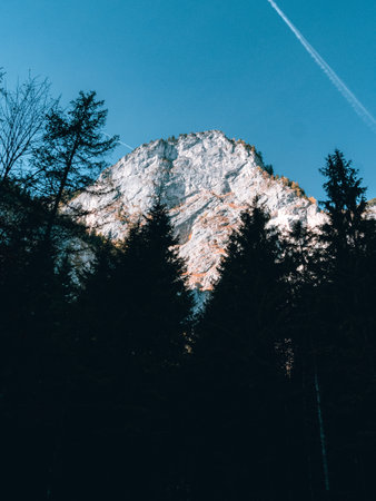 Mountain peak, clear blue skyの写真素材