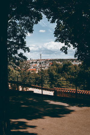 August city view in Prague, Czechia. Tower, trees, no people, sunny sky.の写真素材