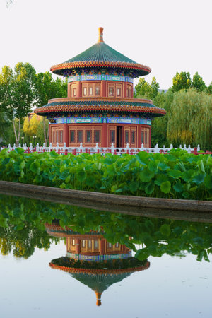 ancient building beside lotus pondのeditorial素材