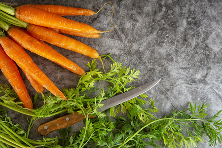 Nature and gardening.Vegetable background. Carrot with greensの写真素材