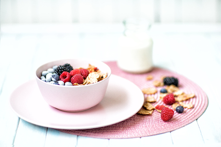 Healthy Breakfast of cereals, berries and milkの写真素材