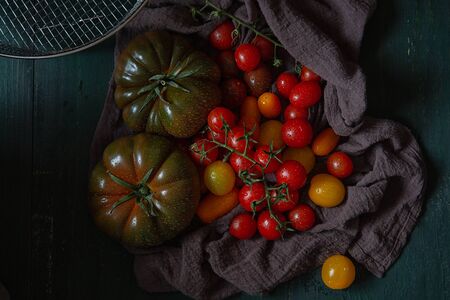 Vegetable still life dark key on wooden backgroundの写真素材