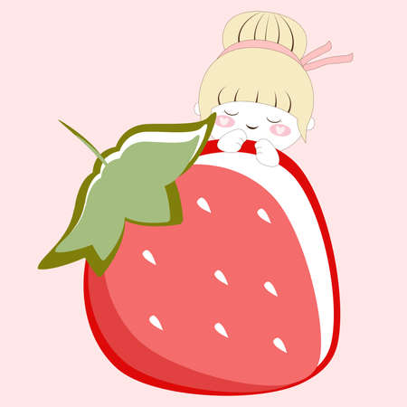 Illustration .A little girl peeking out from behind a large strawberry berry .Pinkのイラスト素材