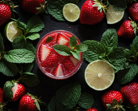 Strawberry mojito with lime and mint on dark backgroundの素材
