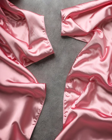 Crumpled pink satin fabric on gray background, top viewの素材