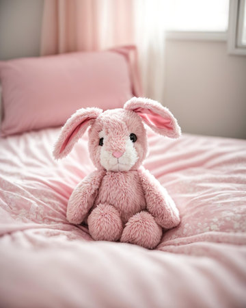 Cute soft toy bunny on bed at home, soft focus backgroundの素材