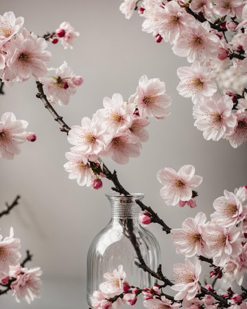 Cherry blossom branch with pink flowers in vase on gray backgroundの素材
