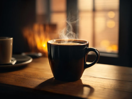 Cup of coffee on a wooden table in a cafe at sunsetの素材