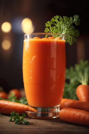 Glass of fresh carrot juice with fresh carrots on wooden table, closeupの素材