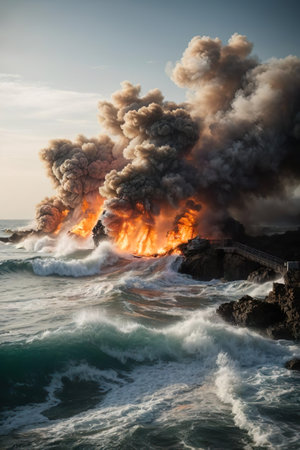 Big explosion in the ocean at sunset. natural disaster. burning lava.の素材