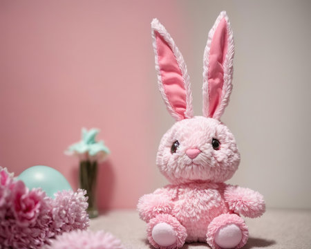 Easter bunny toy with pink hyacinth flowers and easter eggsの素材