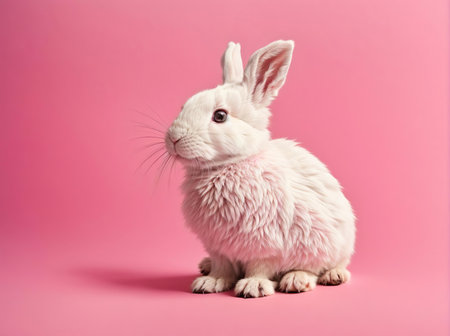 Cute white rabbit on a pink background. studio shot. Easter concept.の素材
