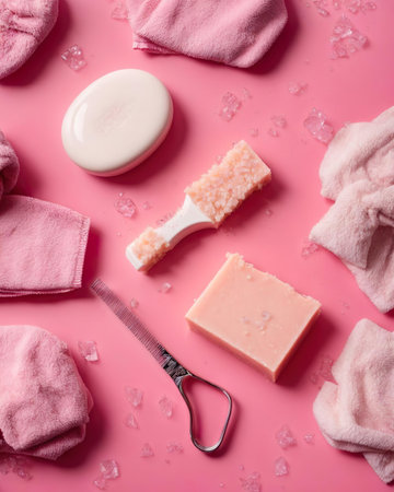 Spa still life with towels and soap on pink background, top viewの素材