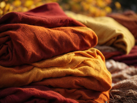 Stack of warm knitted sweaters on autumn background, closeupの素材