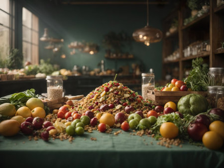 A spacious kitchen in which treats are prepared for guests. An untidy table after cooking food, a lot of garbage, leftover food, peeling fruits, berries and vegetables.の素材