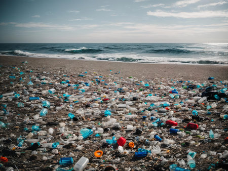Plastic waste washed ashore by waves. Dirty seashore. environmental protection.の素材