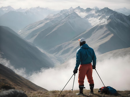 Hiker with backpack and trekking poles standing on top of a mountainの素材