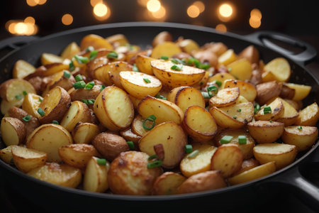 Fried potatoes with green onions in a pan on a dark background.の素材