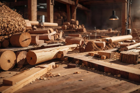 Pile of wooden planks on the floor in a sawmillの素材