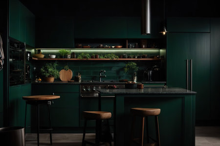 interior of modern kitchen with dark green walls and black countertopsの素材