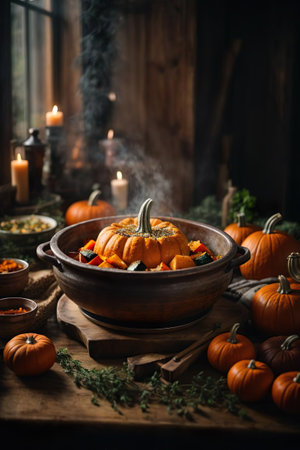 Pumpkin stew with spices and herbs in a rustic styleの素材