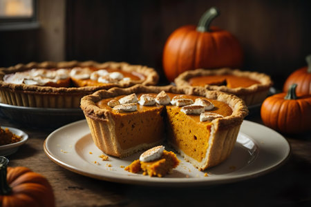 Homemade pumpkin pie on rustic wooden background with pumpkins, selective focusの素材