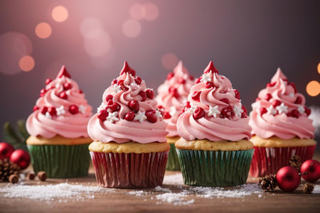 Christmas cupcakes with pink frosting and christmas decoration on wooden tableの素材