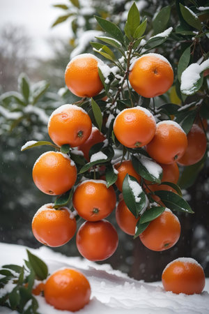 Tangerines on a branch in the snow. Winter background.の素材