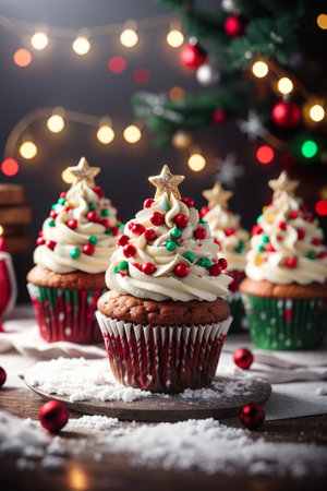Christmas cupcakes with decoration on wooden background. Selective focus.の素材