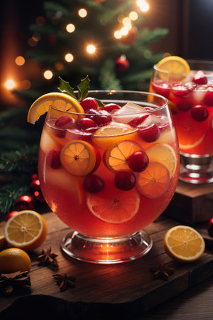 Cocktail with cranberries and oranges on the background of a Christmas treeの素材