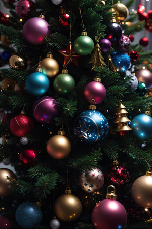 Christmas tree with colorful baubles and stars on blurred background.の素材