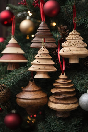 Wooden Christmas tree decorations on the background of a Christmas tree. wooden christmas tree toys for christmasの素材
