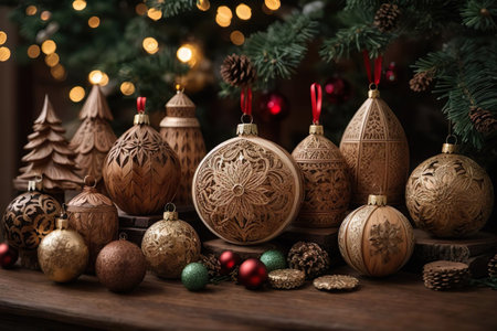 Beautiful Christmas ornaments on a wooden table with Christmas tree in the background wooden christmas tree toys for christmasの素材