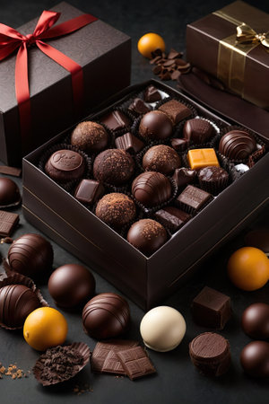 Assorted chocolates in a box on a black background.の素材