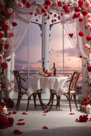 Romantic dinner with wine, flowers and candles on the terrace of a restaurant valentine's day.gifts for loved onesの素材