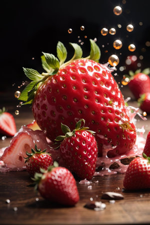 Strawberries and splashes of water on a wooden background.の素材