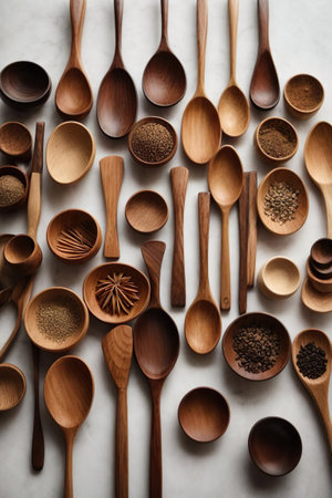 Wooden spoons and spices on a white background, top viewの素材