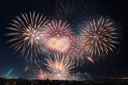 Colorful fireworks of various colors over night sky. New Year celebrationの素材